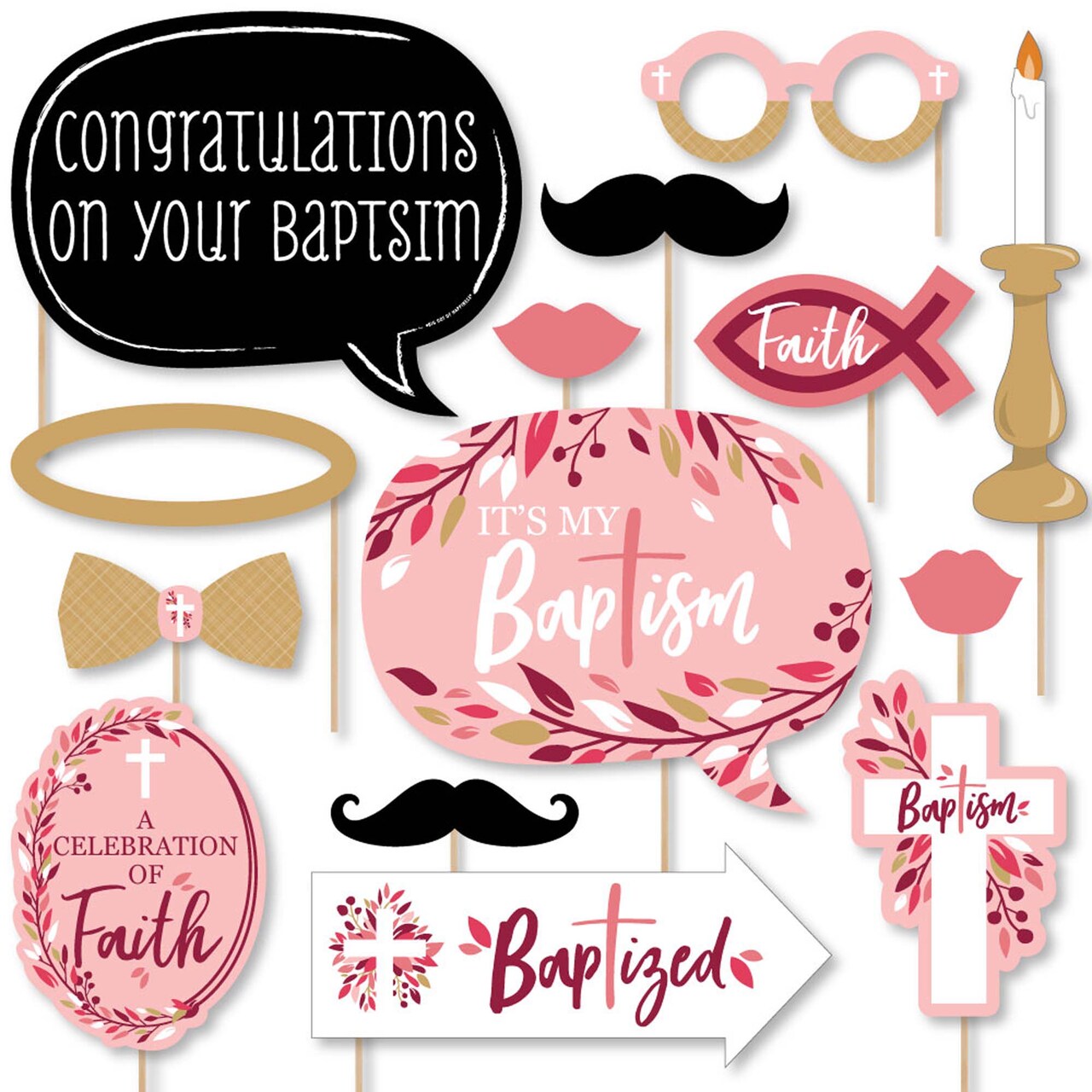 Big Dot of Happiness Baptism Pink Elegant Cross - Girl Religious Party Photo Booth Props Kit - 20 Count